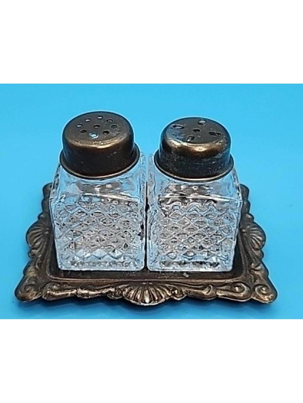 Vintage Sterling Silver & Etched Crystal Mini Salt & Pepper Shakers with Tray
